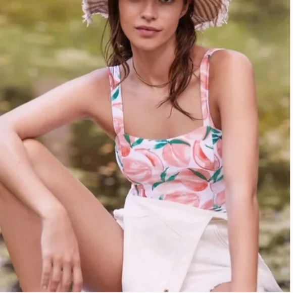 Peaches Fruit Twist-Back Boho Peasant Hipster Art Deco Farm One-Piece Swimsuit - Picture 2 of 7